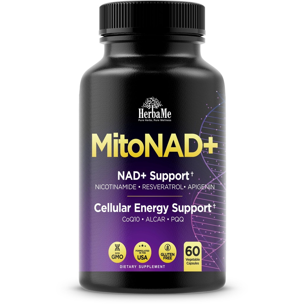 HerbaMe NAD+ Support Supplement - Multi-Pathway Cellular Energy Formula with Nicotinamide, CoQ10, PQQ, Resveratrol & Apigenin - Mitochondrial Support & Healthy Aging - 60 Capsules