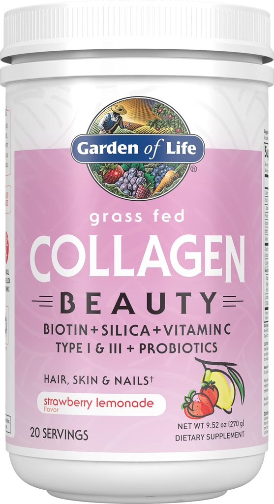 Garden of Life Grass Fed Collagen Beauty - Λεμονάδα φράουλα, 20 σέρβις, σκόνη για τις γυναίκες άνδρες νύχια δέρμα, υδρολυμένο κολλαγόνο Peptides πρωτεΐνη συμπλήρωμα σκόνης
