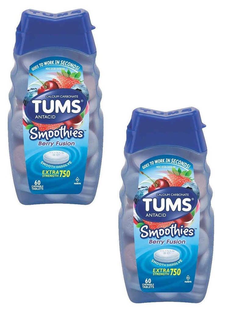 Tums Smoothies Smooth Dissolve Extra Strength 750 Berry Fusion - 750 mg - 60 Chewable Tablets Pack of 2