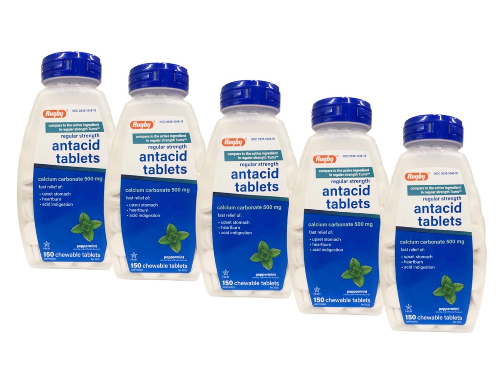 Rugby Calcium Carbonate 500mg Antacid Tablets Peppermint, Regular Strengh, 150 Chewable Tablets - 5 Pack