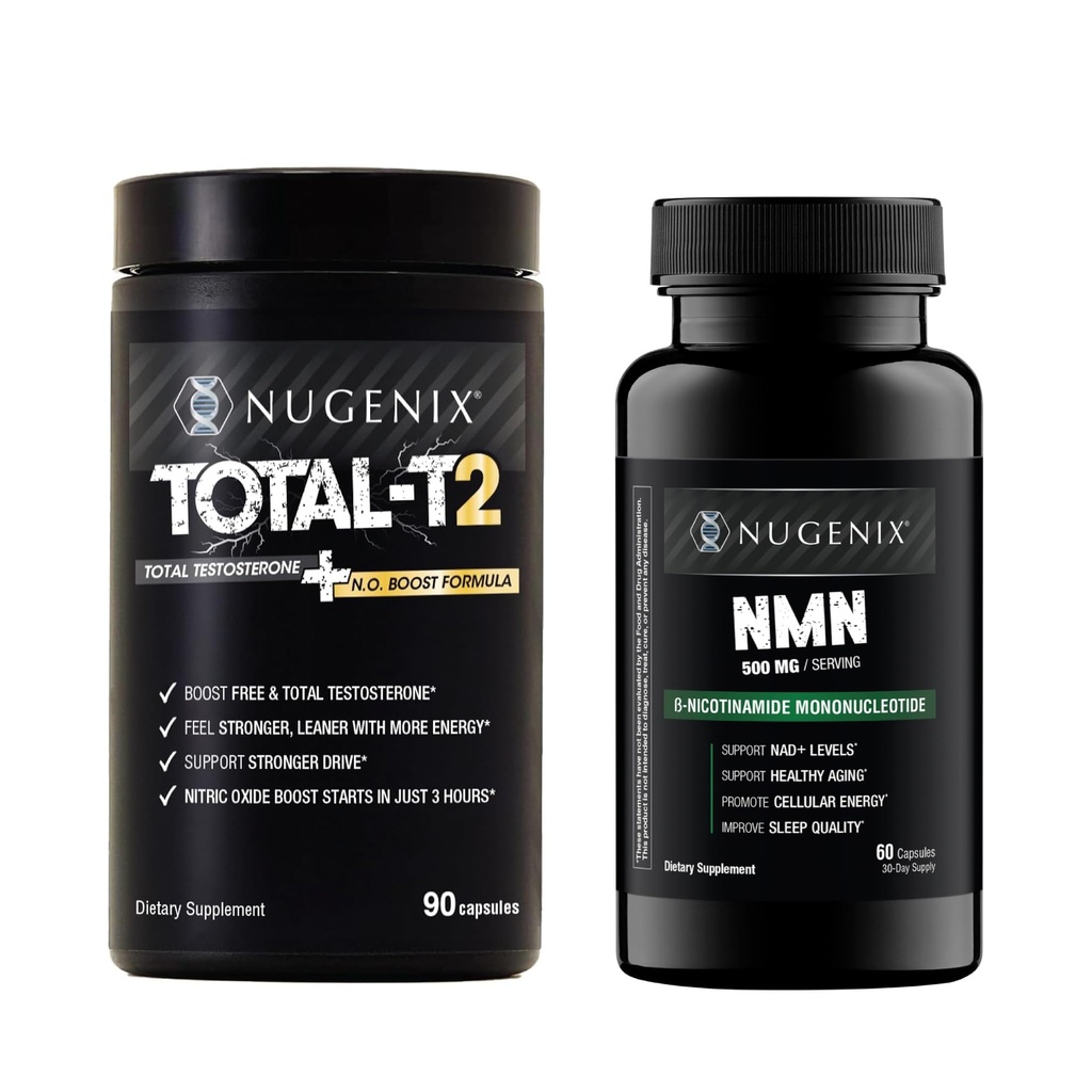 Nugenix T2 and NMN - Total Testosterone Booster, Nitric Oxide Booster, NMN Supplement, Boost NAD+ Levels, Cellular Function, Boost Nitric Oxide, Performance and Vitality - Bundle