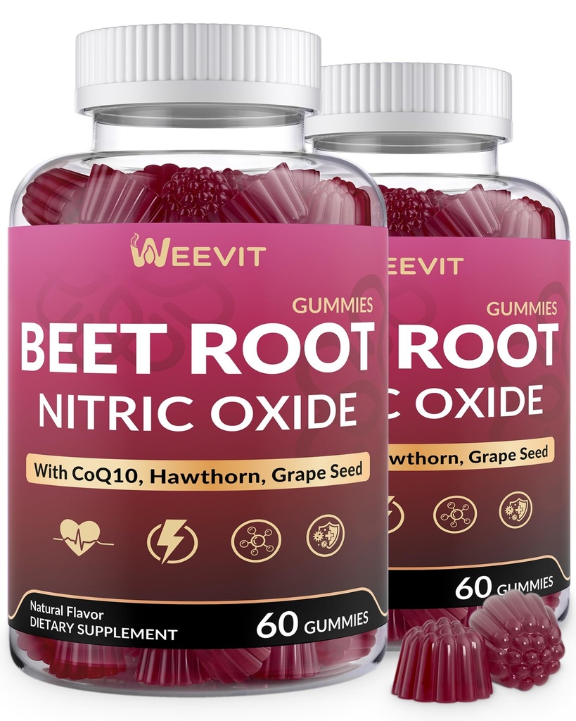 WEEVIT Beet Root Gummies, Nitric Oxide Supplement for Men, Women with CoQ10, Grape Seed, Hawthorn, Hibiscus | Antioxidant & Circulation Support, Non-GMO, Sugar Free