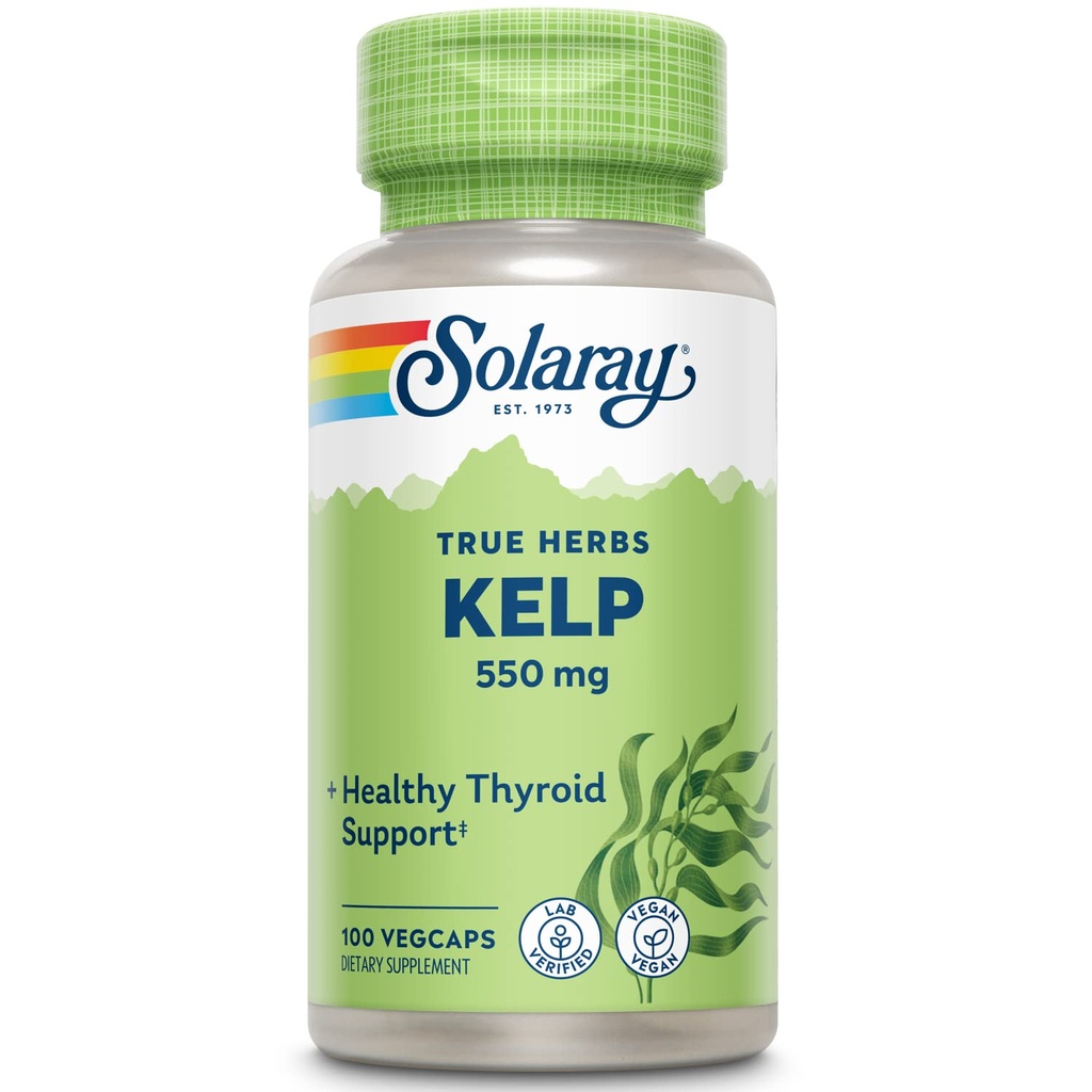 SOLARAY Kelp 550 mg with Folic Acid for Healthy Thyroid Function, Energy & Metabolism Support | Non-GMO | 100 VegCaps