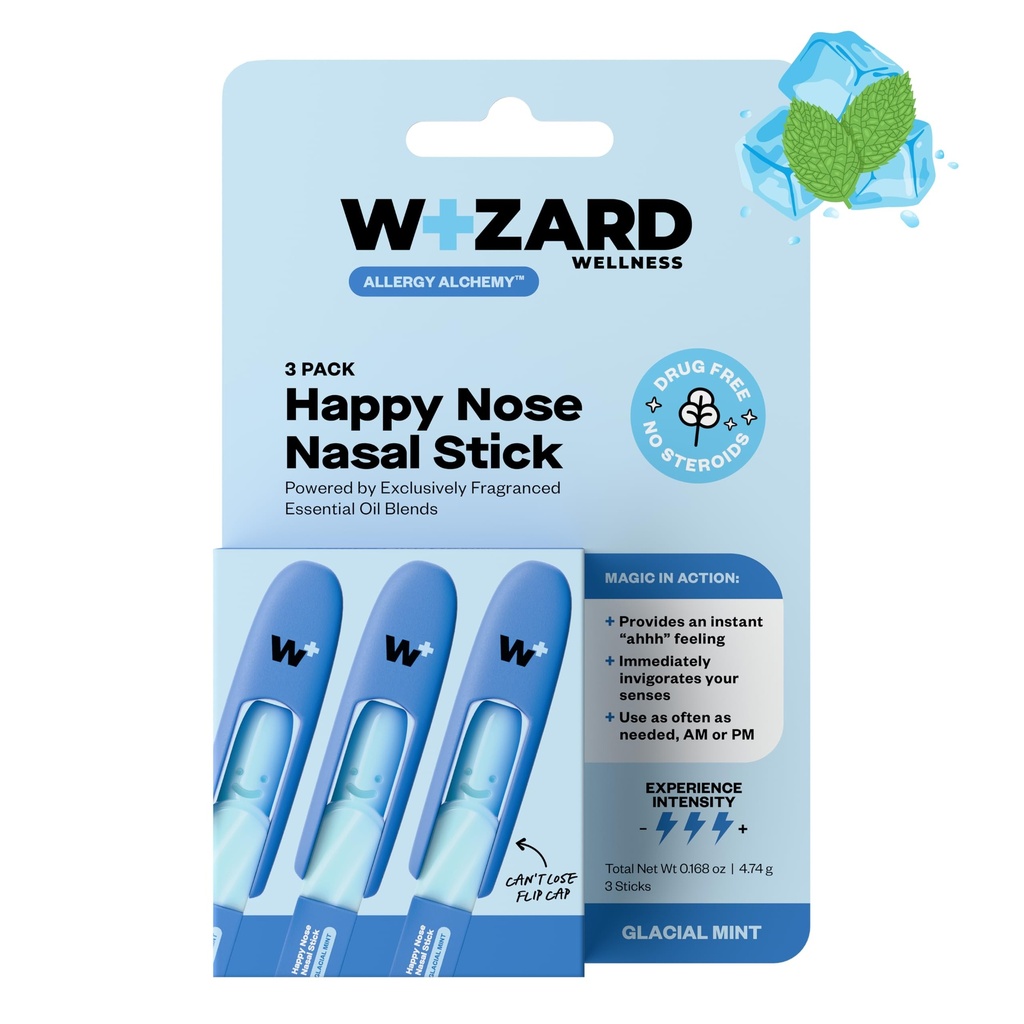 Wizard Wellness Happy Nose Nasal Inhaler Stick for Sinus Relief, Essential Oil Aromatherapy Inhaler, Menthol Eucalyptus & Peppermint Vapor Stick, Drug-Free Nasal Spray Alternative, Glacial Mint 3-Pack
