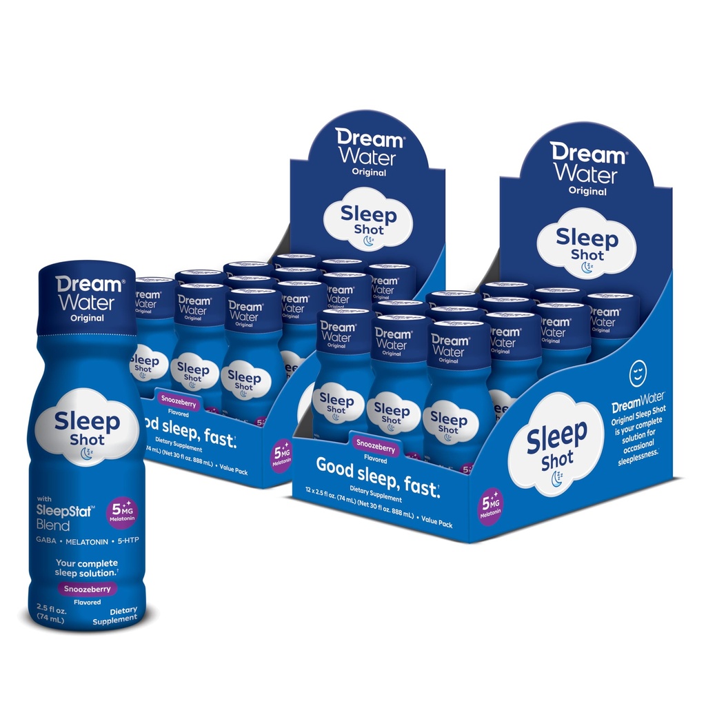 Dream Water Sleep Shots (24 Count) Sleep Aids for Adults - 5mg Melatonin, GABA, 5-HTP - Natural Snoozeberry Flavor (Blue Raspberry) - Liquid Melatonin Supplement - Zero Sugar & Gluten Free - 2.5 oz.