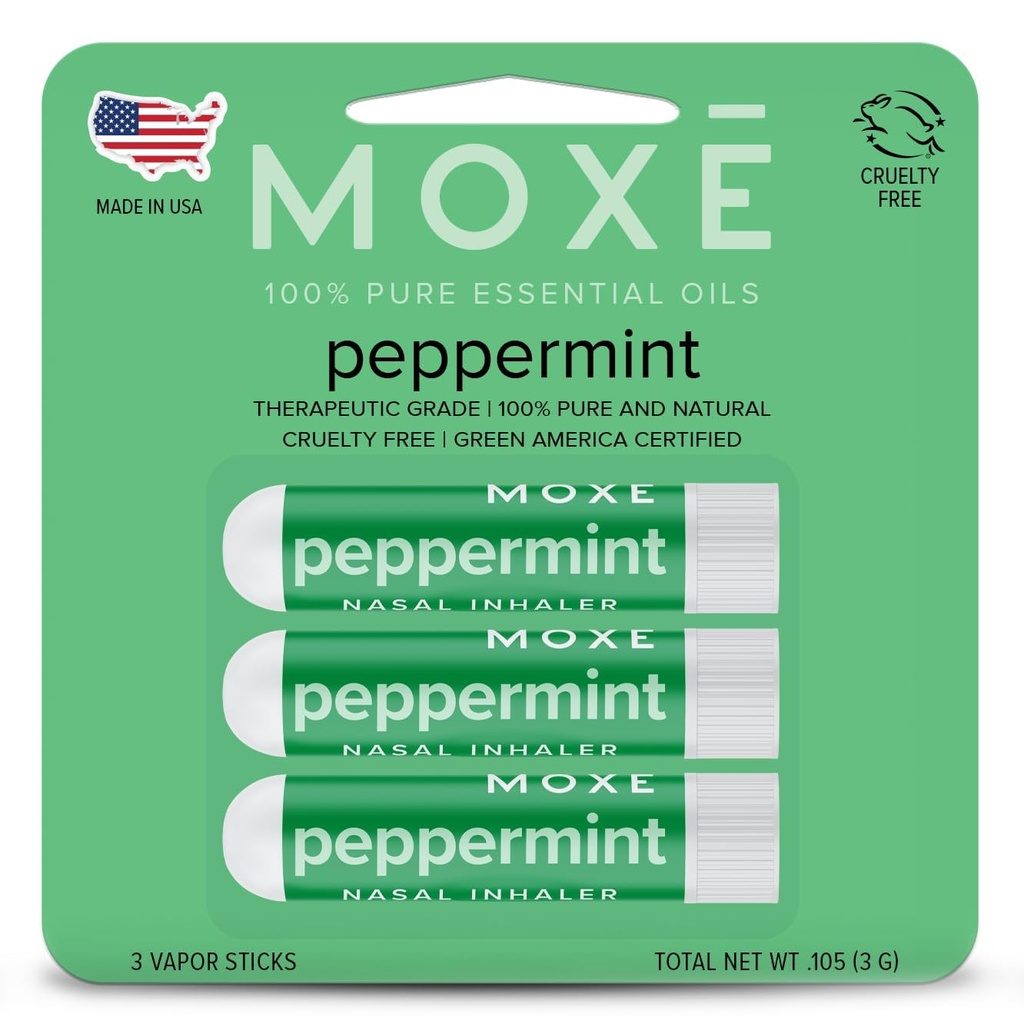 MOXE Peppermint Essential Oil Nasal Inhaler, Therapeutic No-Mess Aromatherapy, Cooling, Refreshing, Invigorating, Uplifts Mood and Positivity, Pure and Undiluted, Made in USA (3 Pack)
