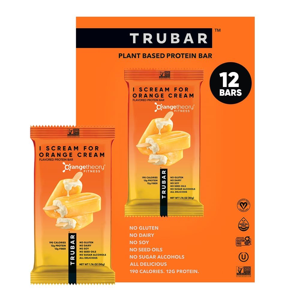 TRUBAR Vegan Protein Bar, I Scream for Orange Cream, Gluten Free, Plant Based Protein, Dairy Free, Non GMO, Soy Free, No Sugar Alcohols, 12G Protein, 13G Fiber, Healthy on the Go Snack Bars, 12 CT