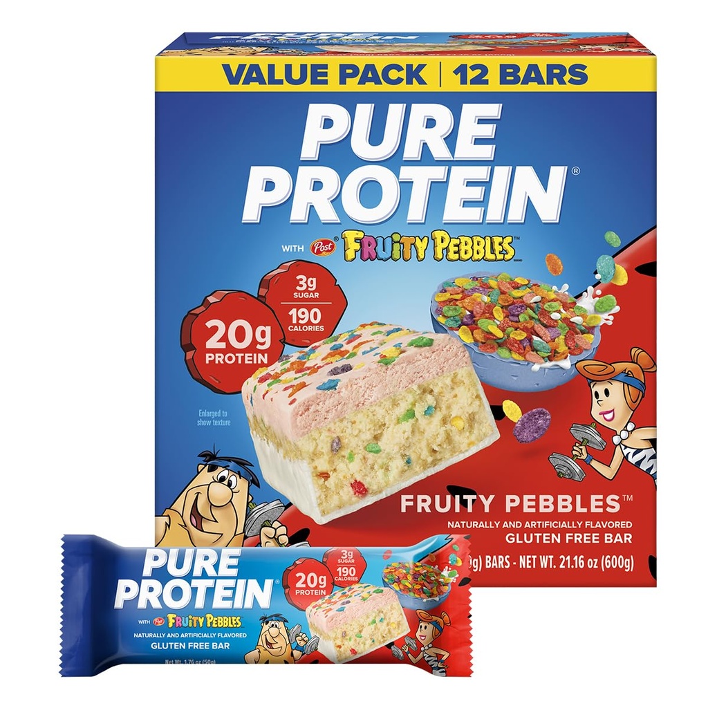 Pure Protein Fruity PEBBLES™ Protein Bars – 20g Protein, 3g Sugar, 190 Calories (12 count) Low Sugar* High Protein Snack – Gluten Free - Perfect for a Healthy Snack.