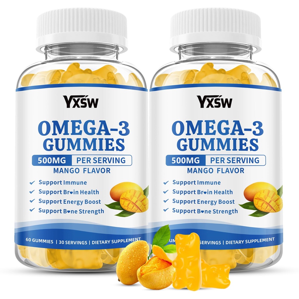 Vegan Omega-3 Gummies 500mg, Omega 3 Fish Oil Alternative for Adults with Plant-Based EPA & DHA & Vitamin A, C, E for Brain, Eye & Immune Health, Sugar Free, Mango Flavor, 120 Count
