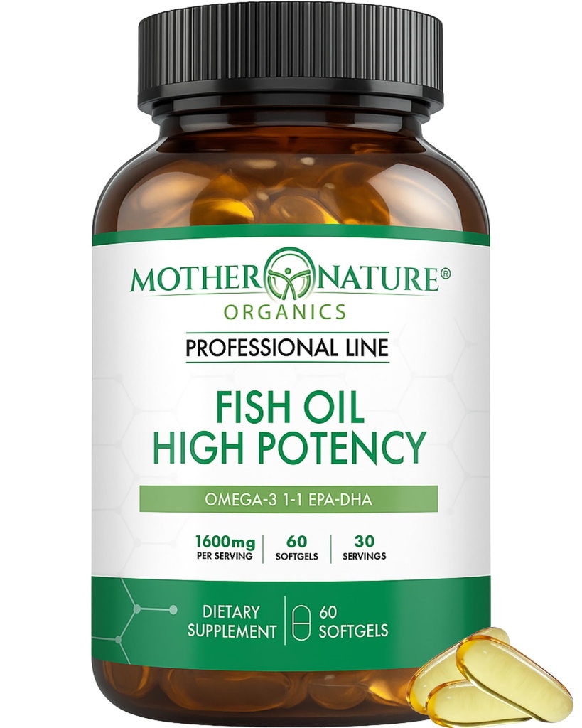 High EPA DHA Omega 3 Fish Oil 1600mg – 60 Softgels Glass Bottle by Mother Nature Organics – Heart, Brain & Joint Support – Burpless, High Absorption, Pure, Sustainable Omega 3 Fatty Acids Supplement