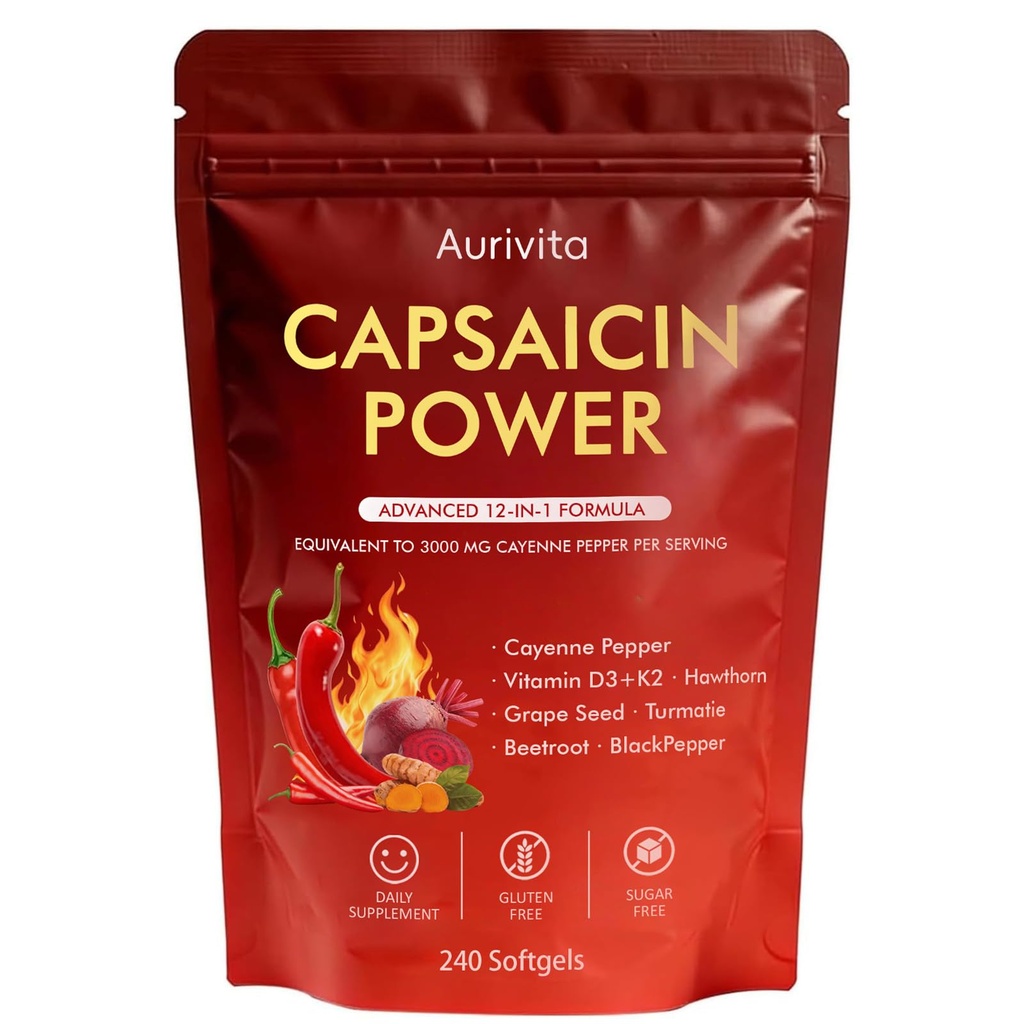 Aurivita Capsaicin Power - Cayenne Pepper Softgels Supplement, Digestive & Gut Health, with Vitamin D3+K2, Beetroot, Grape Seed and Other Extracts, 240 Capsules (1Pc)