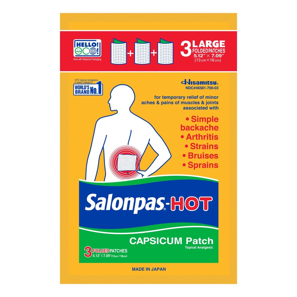 Salonpas Pain Relieving HOT Capsicum Patch, 3 Count (12 Pack), for Back, Neck, Shoulder, Knee Pain and Muscle Soreness, 8 Hour Pain Relief