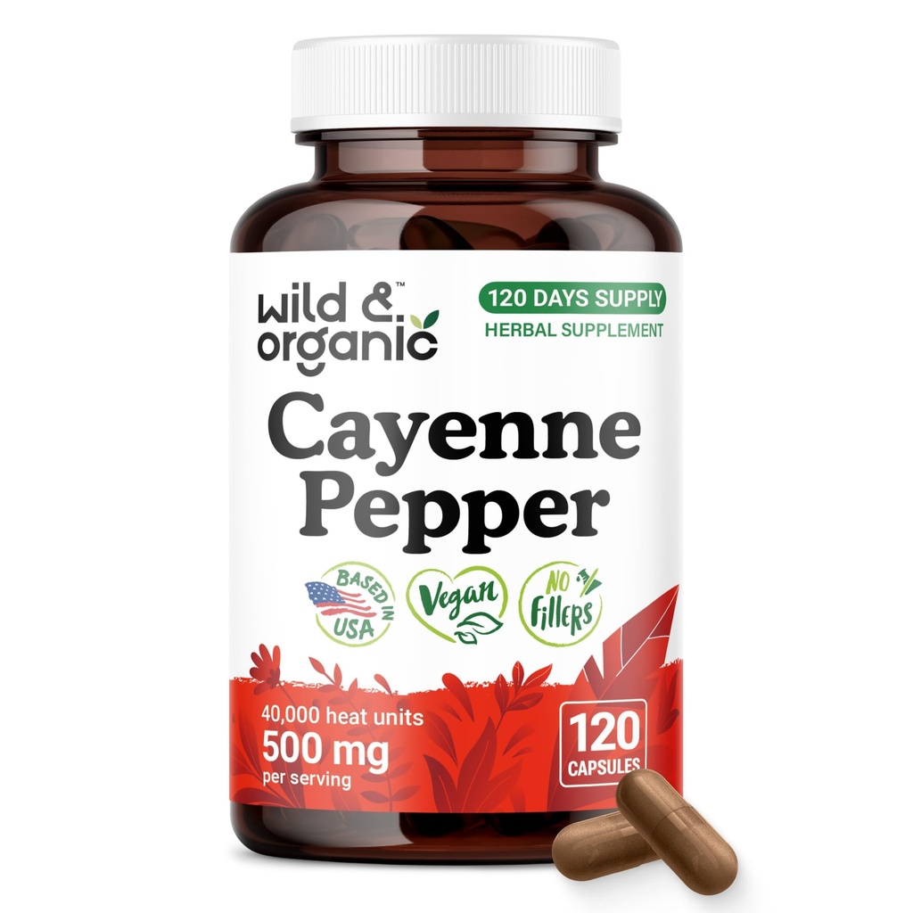 Wild & Organic Cayenne Pepper Capsules 500 mg - Digestive Support - Pure Cayenne Pepper Extract - Capsaicin Supplements - Vegan, No Fillers, Non-GMO - 120 Count