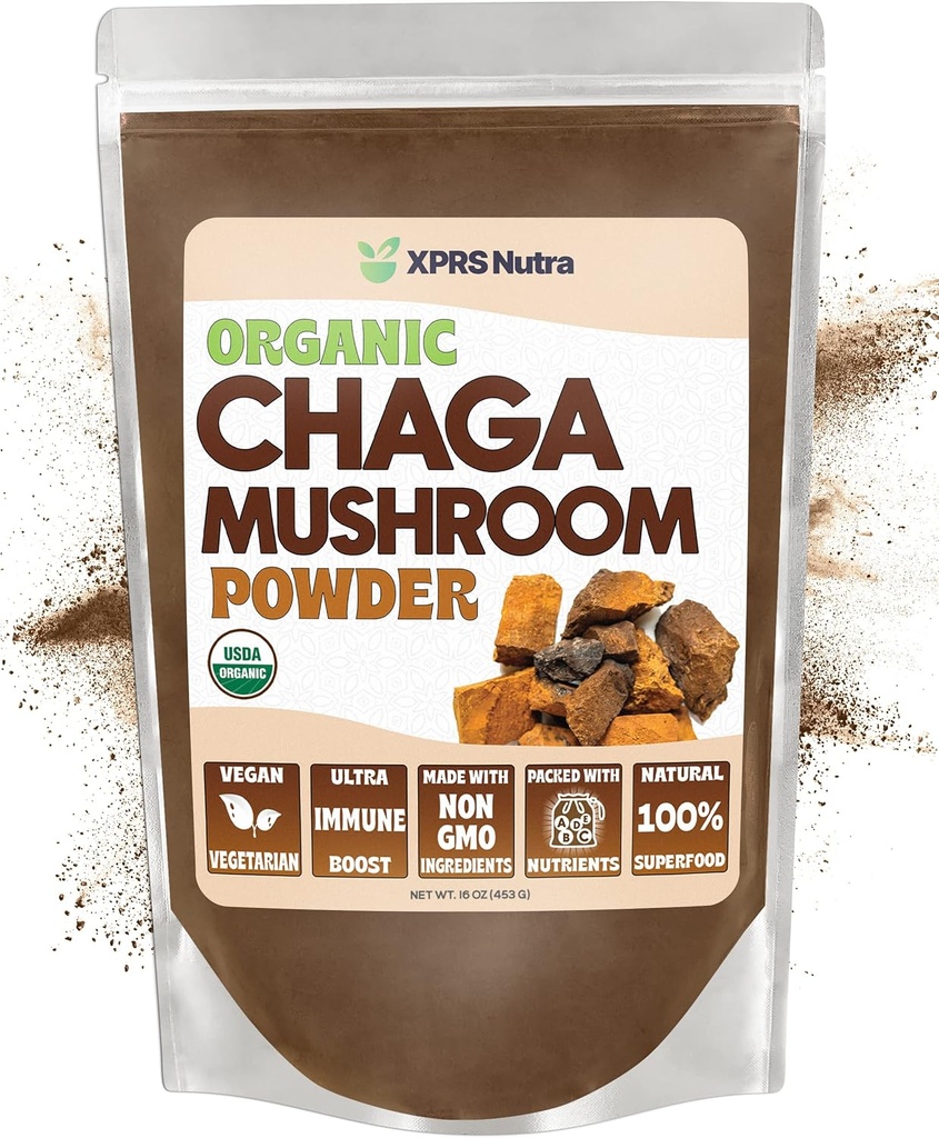 XPRS Nutra Organic Chaga Mushroom Powder - Premium USDA Organic Chaga Μανιτάρια Σκόνη - Τσάγκα Σκόνη Υποστηρίζει την Ανοσολογική Υγεία - Vegan Friendly Superfood για Τσάγκα Τσάι και Ποτά (16 oz)