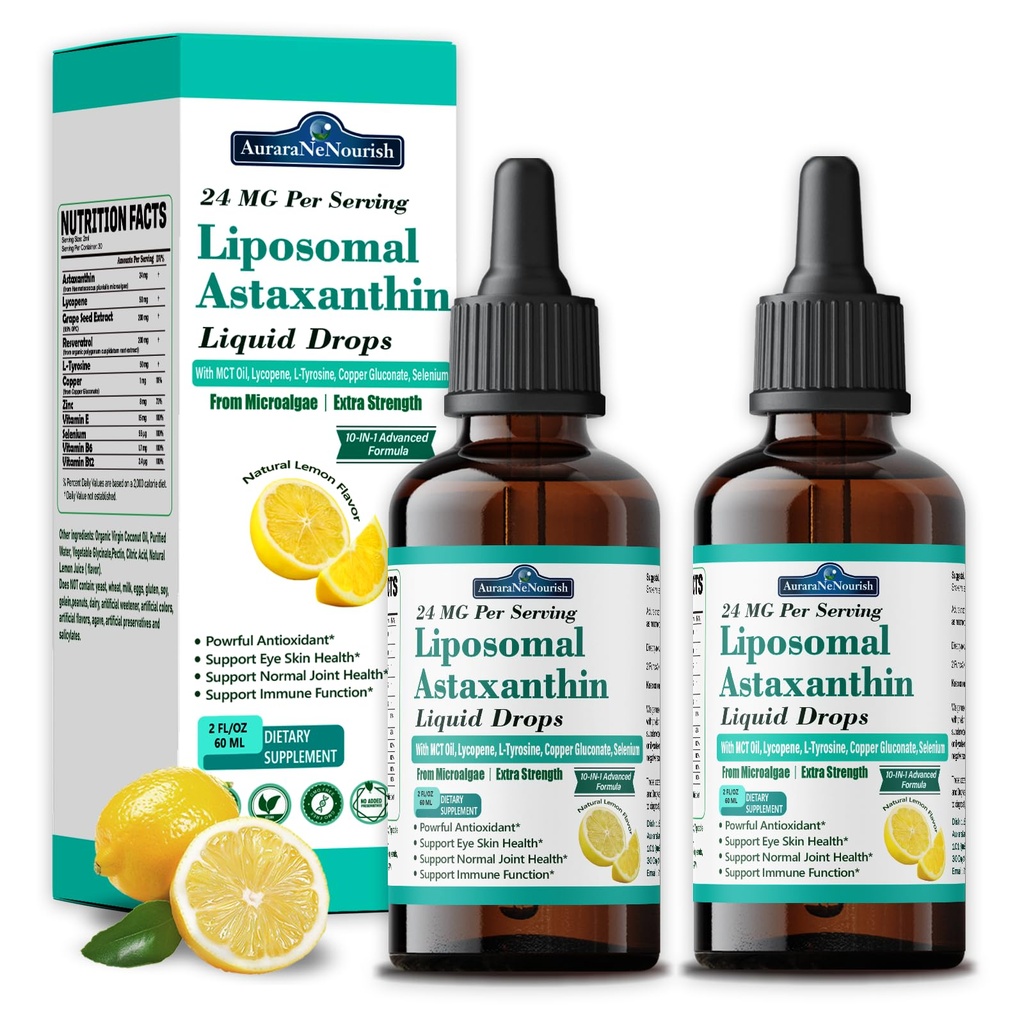 2 Packs Liposomal Astaxanthin 24mg Liquid Drops, 11-in-1 Antioxidant Supplement with MCT Oil, Lycopene & Coconut Oil, from Microalgae Source, Supports Healthy Skin, Joint & Eye Health