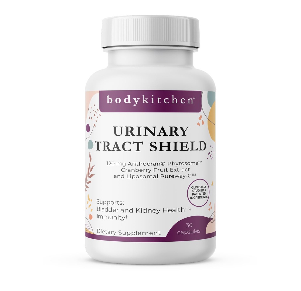 Body Kitchen Urinary Tract Shield with Anthocran Phytosome Cranberry Extract and Liposomal Vitamin C, Supports Bladder and Kidney Health, 30 Capsules