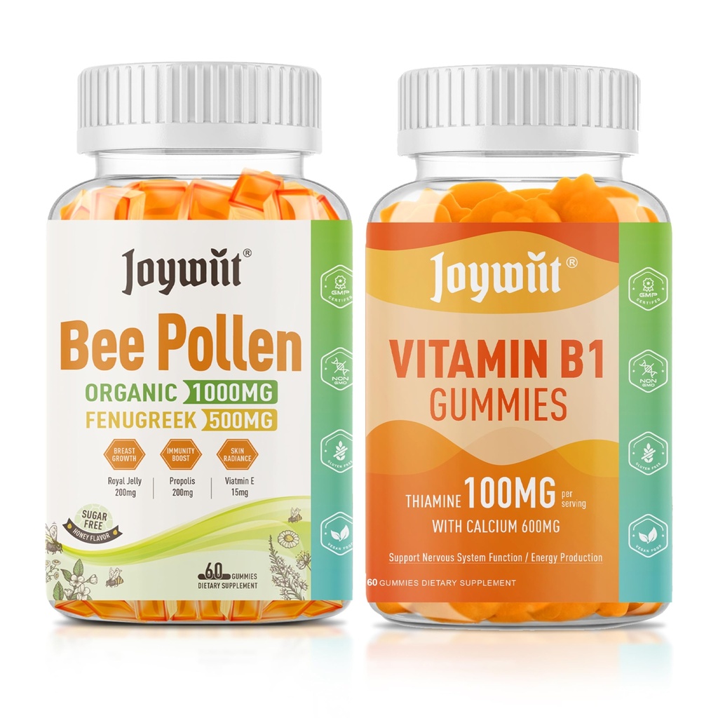 Bee Pollen 1000mg Sugar Free Gummies & Vitamin B1 Gummies 100mg | 2 Pack Bundle | Bee Pollen + Fenugreek | Thiamine