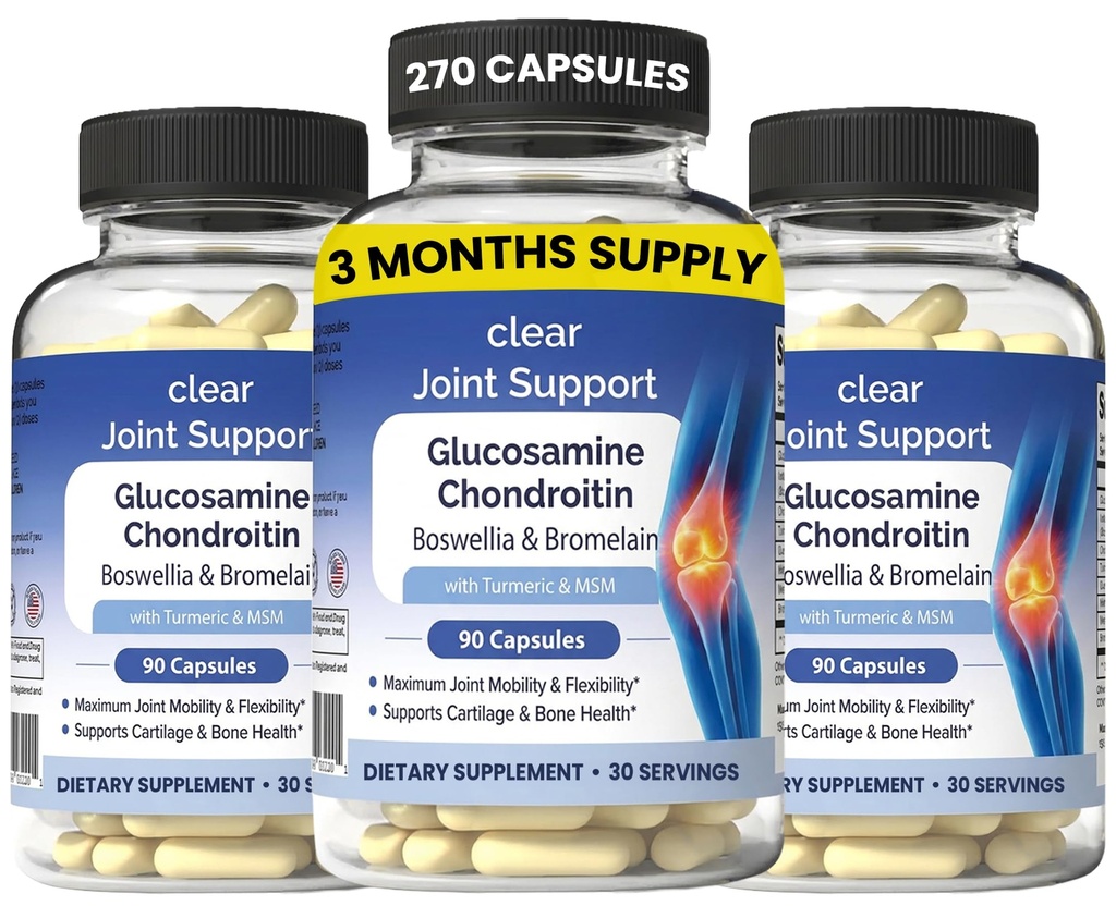 Clear Joint Support | 3 Bottle Value Bundle, 90-Day Supply (270 Capsules) | Glucosamine Chondroitin MSM, Turmeric & Boswellia | Supports Knee, Hip & Back Health | Made in USA