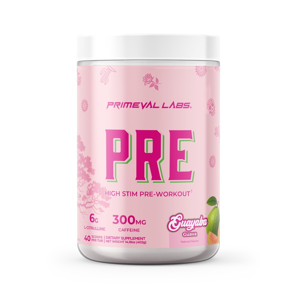 Primeval Labs PRE High-Stim Pre Workout | Energy, Focus & Performance Formula | 300mg Caffeine | 40 Servings | Guayaba | Authentic Latino-Inspired Flavor to Fuel Your Journey