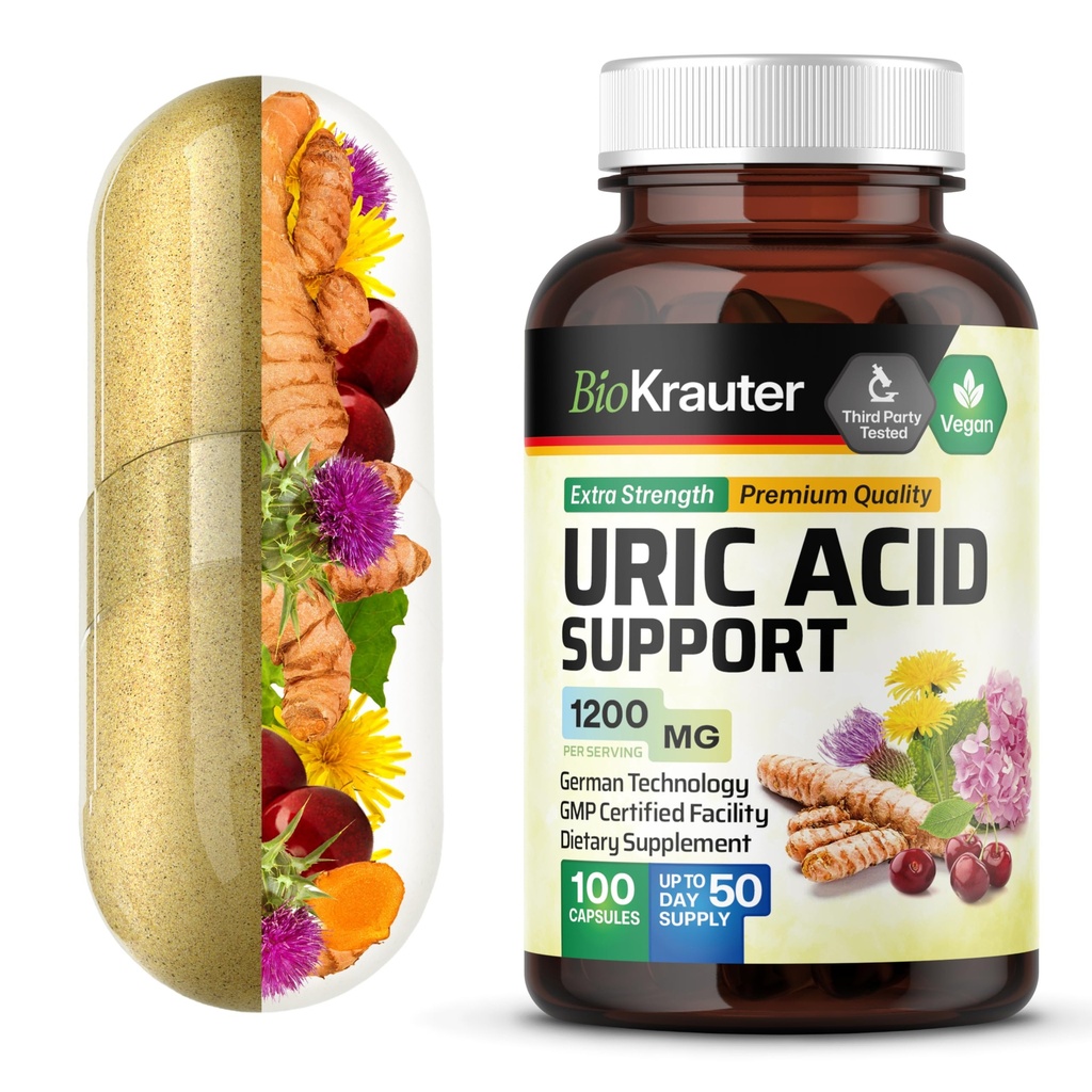 BIO KRAUTER Κάψουλες υποστήριξης ουρικού οξέος 1200 mg Blend - 100 Count - συμπλήρωμα νεφρών w/Tart Cherry 10:1 Extract - εκχύλισμα γαϊδουράγκαθου γάλακτος & κουρκουμά - Vegan