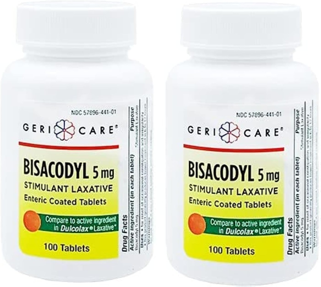 GeriCare Bisacodyl 5 mg Laxative Coated Tablet | Generic for Dulcolax | Stimulant Laxative | Gentle Overnight Constipation Relief 100 Count (Pack of 2)