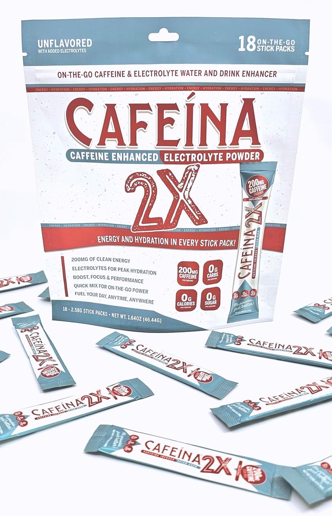 CAFEINA 2X - 200mg καφεΐνη και ηλεκτρολύτη εγχύονται σε συσκευασίες σκόνης (18 κόμης)
