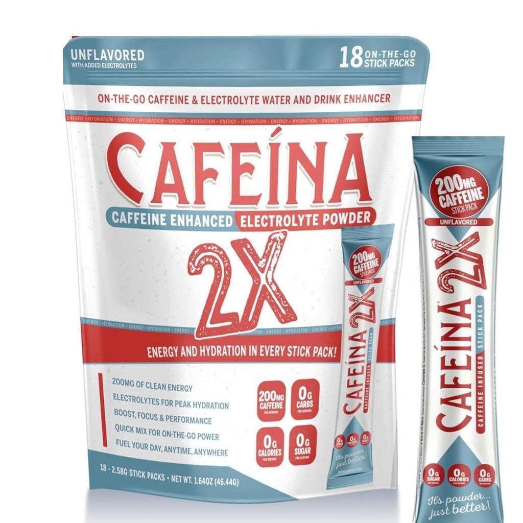 CAFEINA 2X - 200mg καφεΐνη και ηλεκτρολύτη εγχύονται σε συσκευασίες σκόνης (18 κόμης)