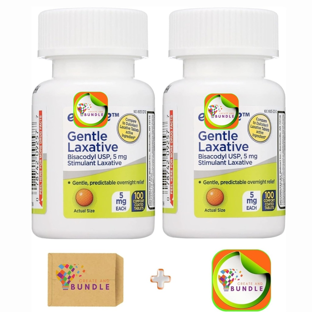 Equate Bisacodyl Gentle Laxative Tablets for Adult Constipation, 5 mg, 100 Count - Total Bisacodyl 5 mg (Pack of 02) 200 Tablets + CreateAndBundle Sticker