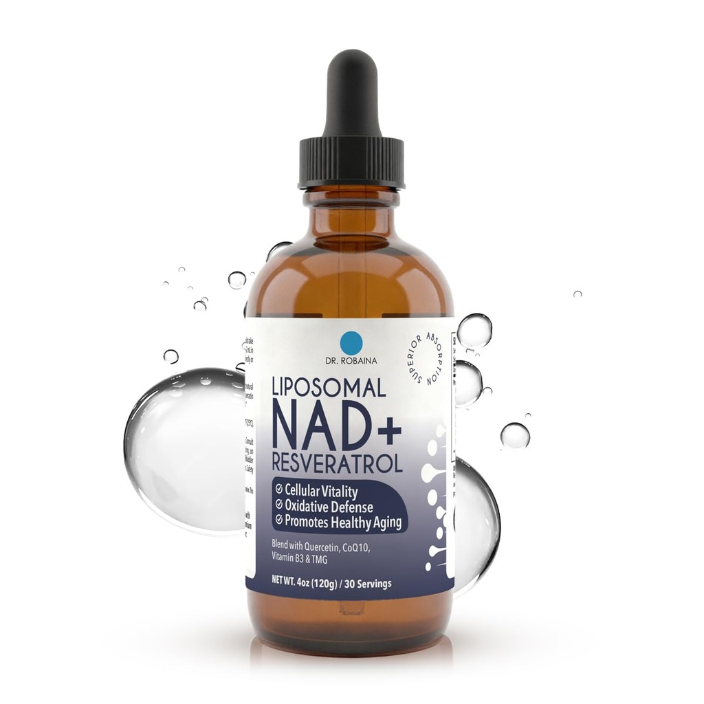 Dr. Robaina Liposomal NAD⁺ Liquid Drops – Doctor-Formulated with Trans-Resveratrol, Quercetin, CoQ10, Vitamin B3 & TMG – 400 mg NAD⁺ per 4 mL Serving – Berry Flavor, Amber Glass Dropper, 4 fl oz