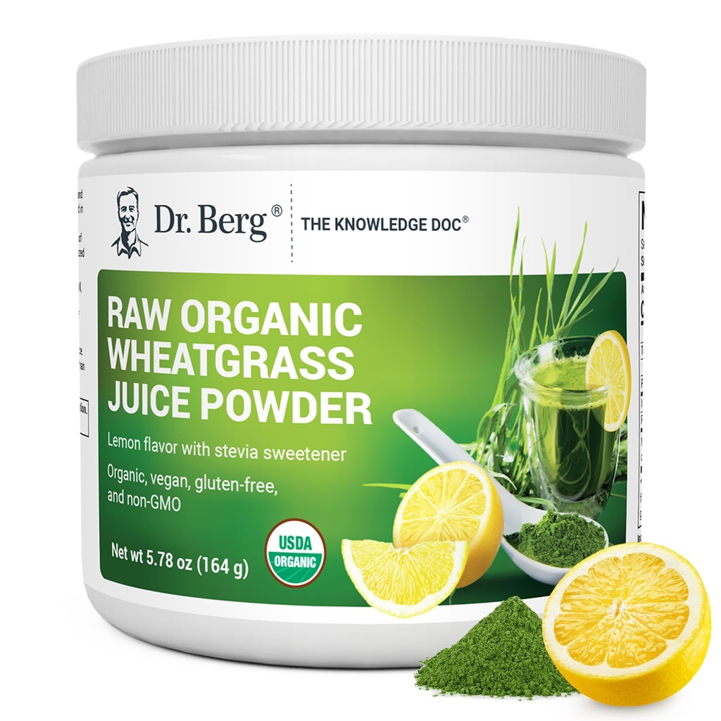 Dr. Berg USDA Certified Organic Green Powder Superfood (60 σέρβις) - Κατασκευασμένο με Ακατέργαστο Σιτόχορτο, Χλωροφύλλη, Ανιχνεύματα & Φυσικά Ένζυμα - Μη-GMO Green Superfood Powder - Λεμόνι Γεύση