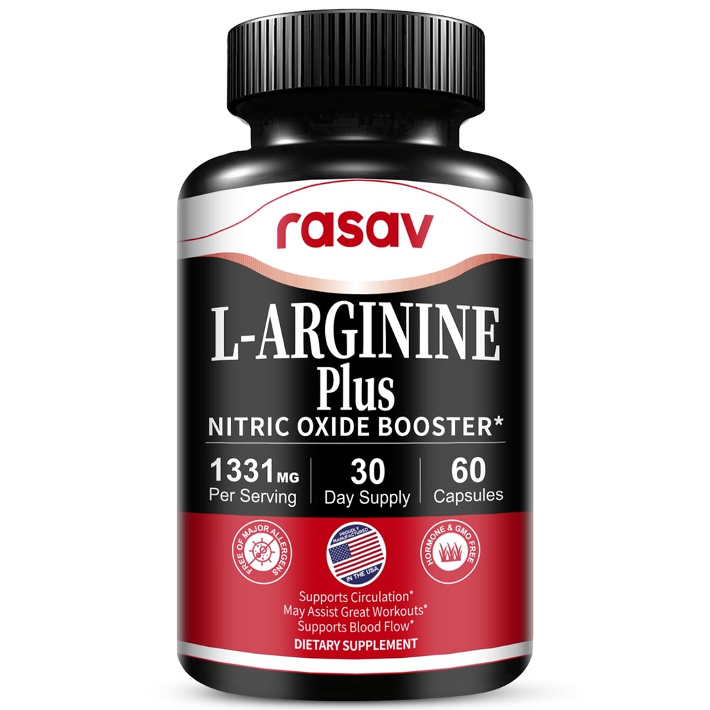 Rasav Nitric Oxide Booster with L-Arginine, L-Citrulline Blend, Boosts Nitric Oxide Levels, Supports Energy & Performance, Enhance Endurance, Improve Circulation - 60 Capsules, 30-Day Supply