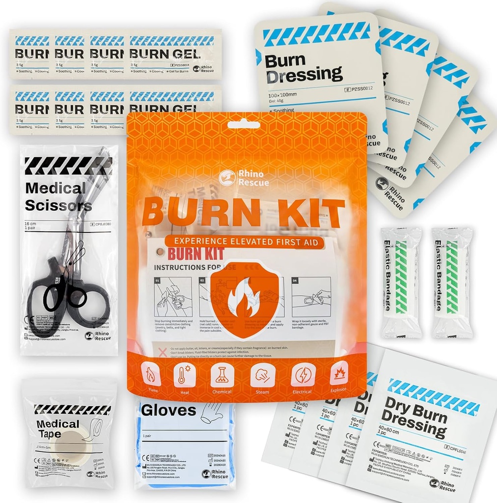 RHINO RESCUE Burn Kit, 4pcs Burn Dressings 4x4”, 8pcs Burn Gel Packets 3.5g, 4pcs Burn Pads, First Aid Kit Ψύξη Κρέμα Καταπραϋντικής Ανακούφισης με Bandage, Nitrile Gloves, Ψαλίδι, Ταινία, HSA/FSA Επιλέξιμες
