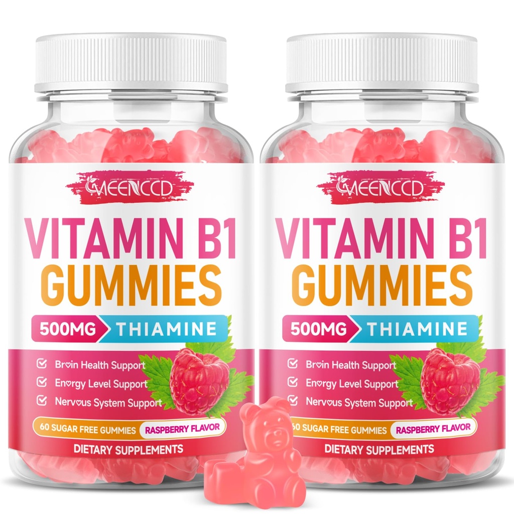 MEENCCD 2 Pack Vitamin B1 Gummies 500mg, Thiamine B1 Supplement Supports Energy Production, B1 Vitamin for Adults & Kids, Sugar-Free, Vegan, Raspberry Flavor, 120 Count