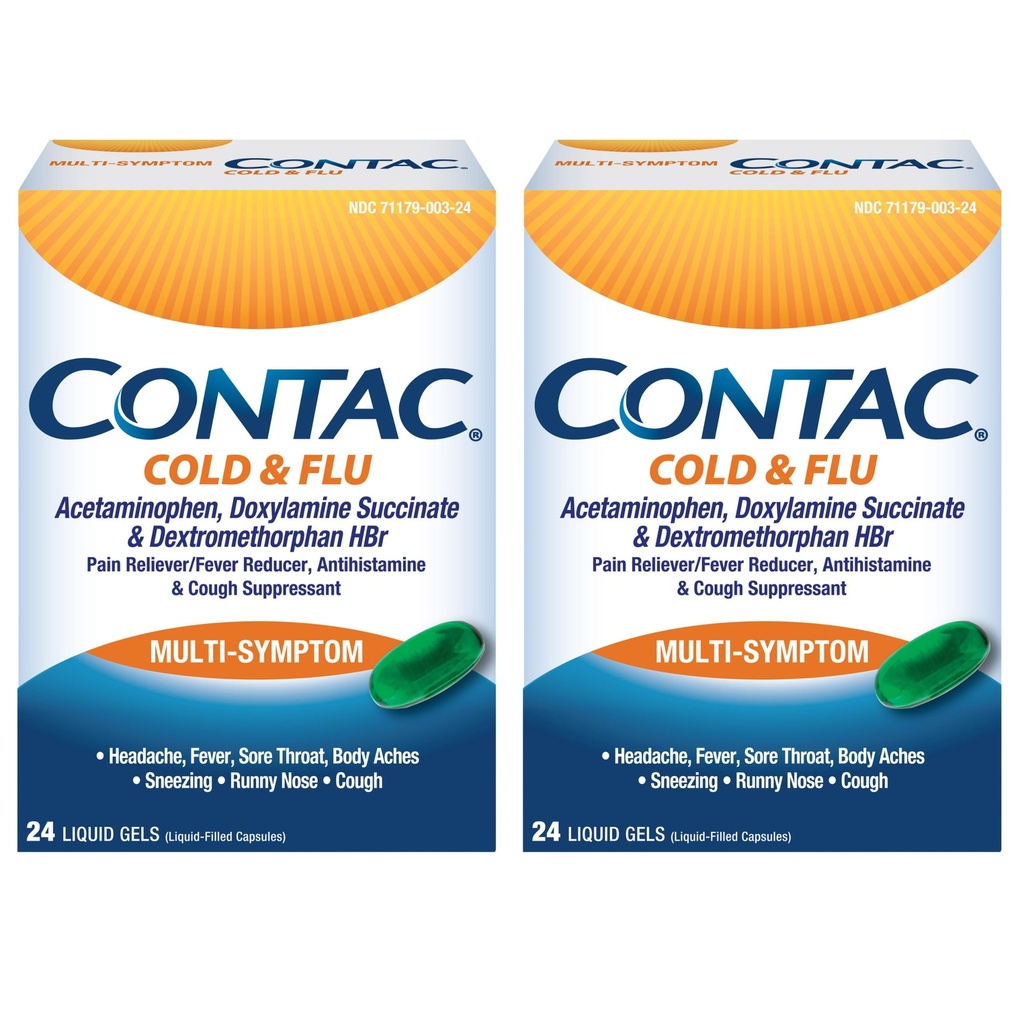 Contac Cold & Flu Medicine, Powerful, Multi-Symptom Relief, Pain, Fever, Sore Throat, Body Aches, Sneezing, Runny Nose & Cough, Flu & Cold Medicine for Adults & Kids 12+, 24 Count Liquid Gels, 2 Pack