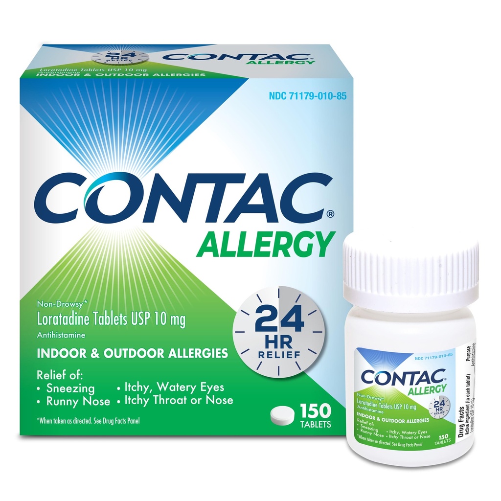 Contac Allergy Relief Tablets, Loratadine 10 mg Antihistamine, 24 Hour Non Drowsy Medicine for Sneezing, Runny Nose & Itchy Eyes, Gluten Free, 150 Count