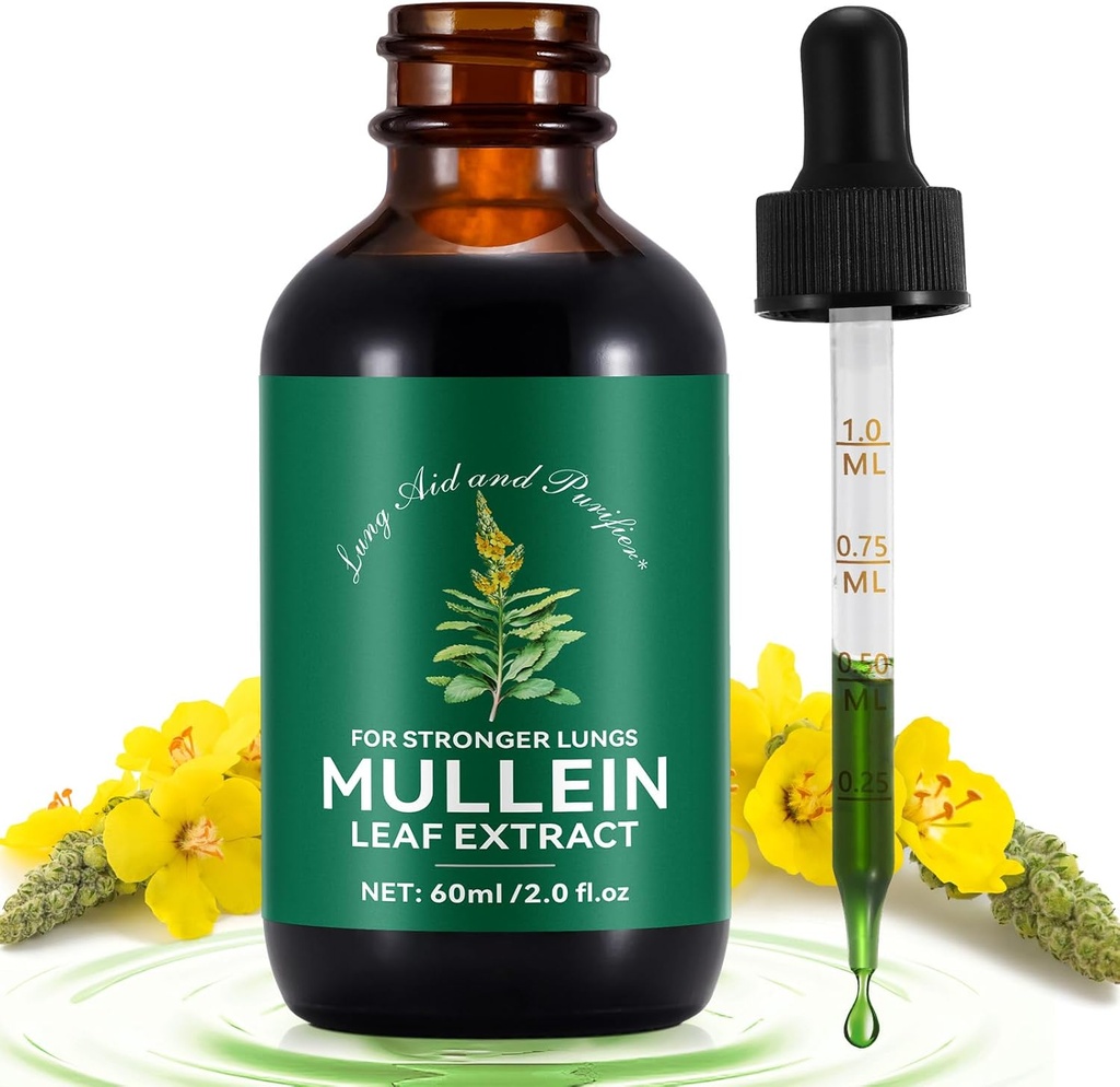 Mullein Drops for Lungs 2 Fl Oz, Φυσικές σταγόνες φύλλων Mullein, Fast Abvorvation Liquid Mullein Extract Supplement, Lung Cleanse, 1 μήνας προσφοράς