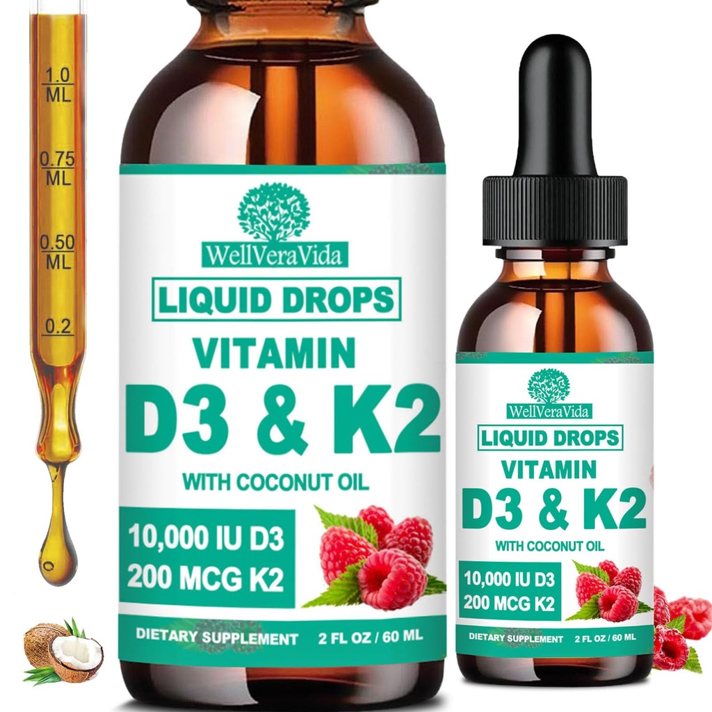 2 Pack D3 K2 Vitamin 10000iu, Liquid Drop Vitamin D3 With K2 (MK-7)200mcg Coconut Oil, 6X Stronger Than D3 K2 Sofegels, Magnesium Zinc for Absorption -K2 D3 Supplement for Joint Teeth & Bone Health