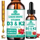 2 Pack D3 K2 Vitamin 10000iu, Liquid Drop Vitamin D3 With K2 (MK-7)200mcg Coconut Oil, 6X Stronger Than D3 K2 Sofegels, Magnesium Zinc for Absorption -K2 D3 Supplement for Joint Teeth & Bone Health