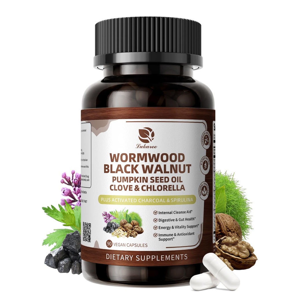 Lukaree Wormwood Black Walnut Cleanse for Human 1200mg – Ultra Gut Cleanse & Digestive Health w/Pumpkin Seed Oil,Clove,Activated Charcoal - for Men & Women Probiotic Capsules -Vegan,90 Count