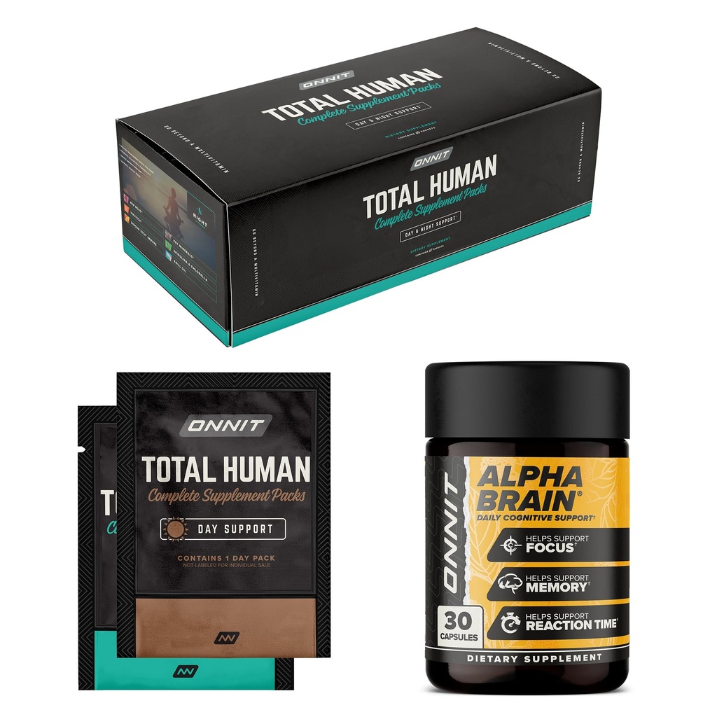 ONNIT Premium Alpha Brain Bundle - Nootropic Brain Supplement (30 Count) for Focus, Recentation & Memory + Total Human Day and Night Vitamin Packs for Men and Women (30-Day Supply)