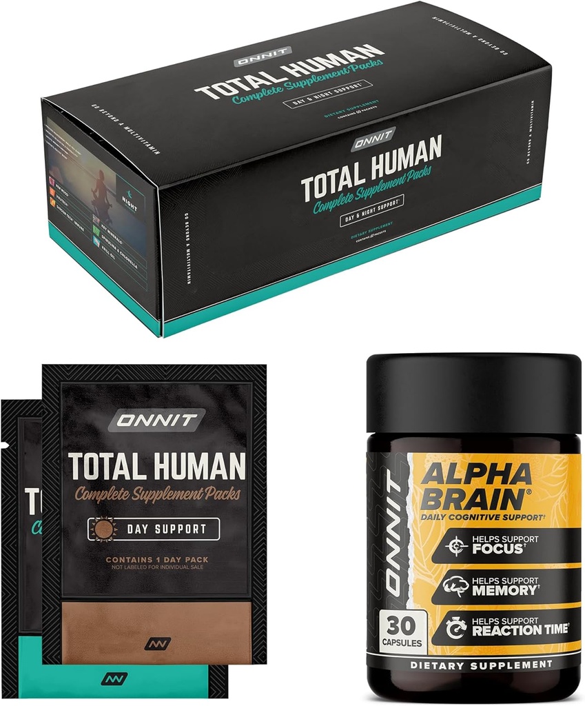 ONNIT Premium Alpha Brain Bundle - Nootropic Brain Supplement (30 Count) for Focus, Recentation & Memory + Total Human Day and Night Vitamin Packs for Men and Women (30-Day Supply)