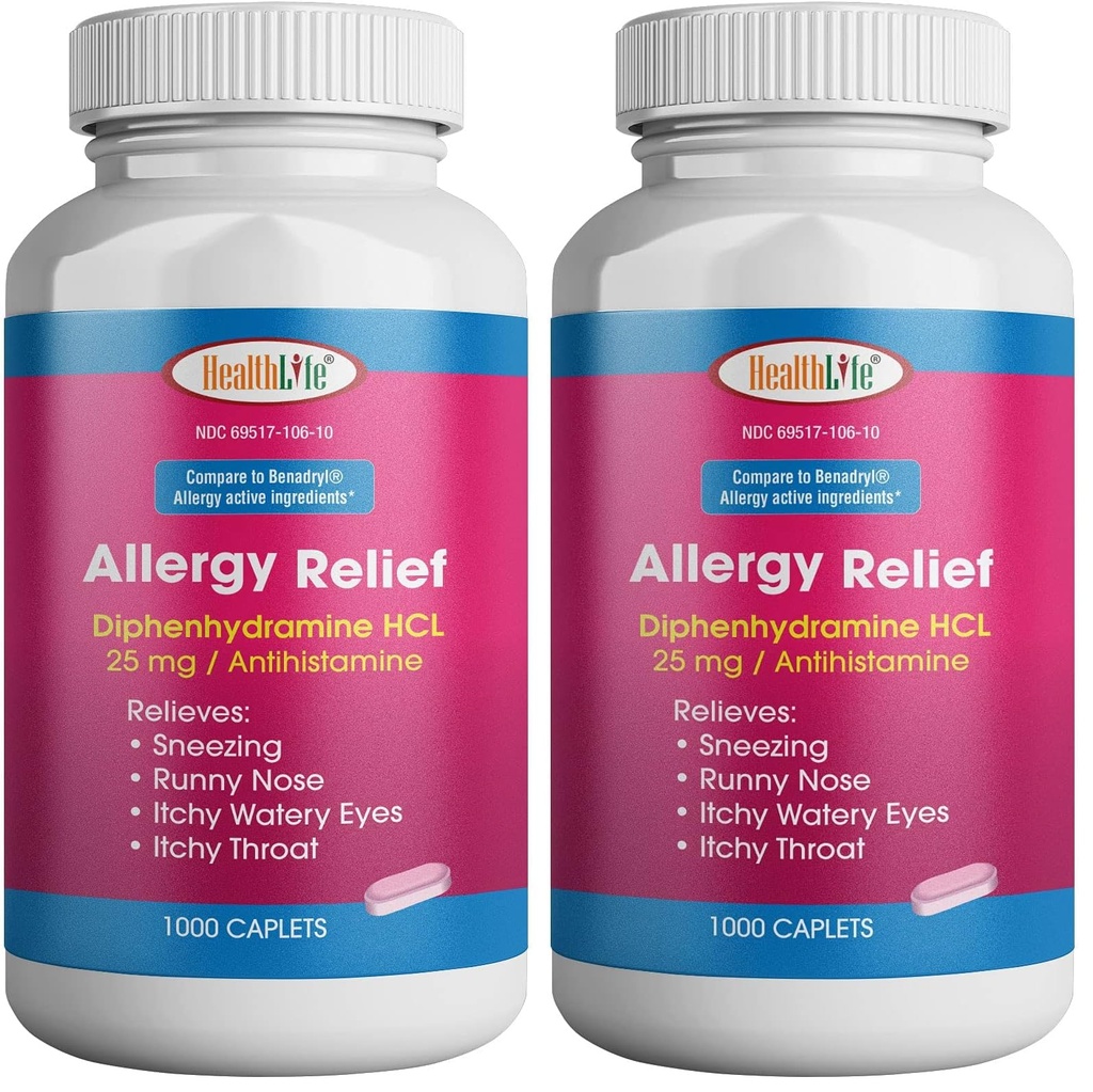 HEALTH LFE Allergy Relief, Medicine Diphenhydramine HCl Caplets, 25 mg | Children and Adults | Relieves Sneezing, Runny Nose, Hay Fever Symptoms, Itchy Eyes and Throat (Large,1000 Count) (Pack of 2)