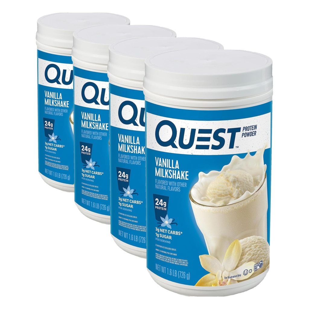 Quest Nutrition Vanilla Milkshake Protein Powder, 24g of Protein, 1g of Sugar, Low Carb, Gluten Free, 1.6 Pound, 23 Servings (Pack of 4)