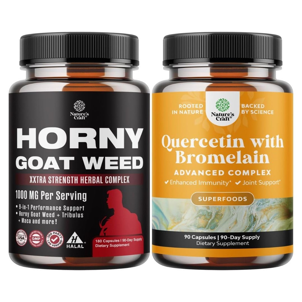 Bundle of Horny Goat Weed for Men with Black Maca Root, Tongkat Ali, Saw Palmetto & Panax Ginseng Extract and Pure Quercetin with Bromelain Supplement for Immune Aid - Potent Quercetin 500mg Capsules