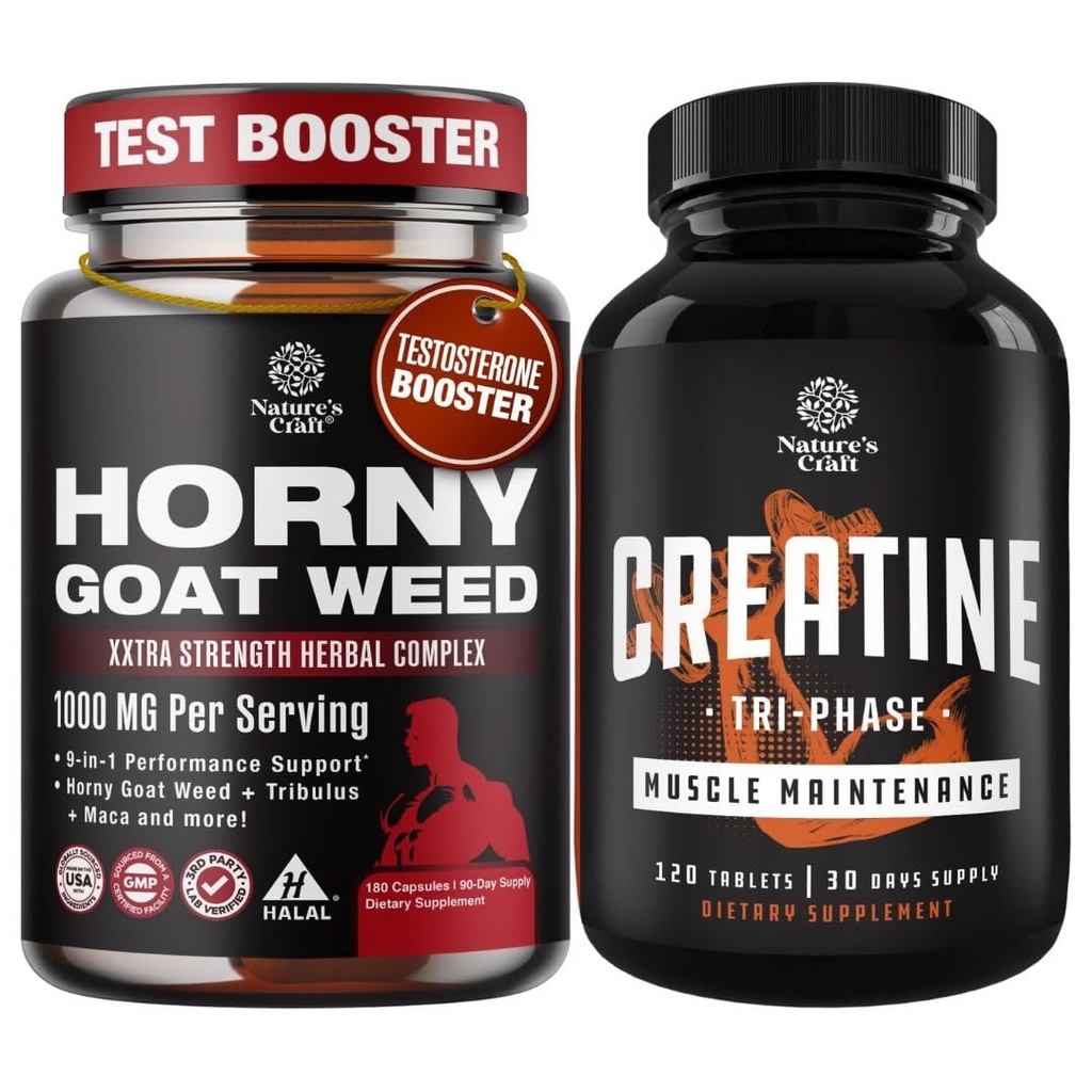 Bundle of Horny Goat Weed with Black Maca Root, Tongkat Ali, Saw Palmetto & Panax Ginseng Extract for Stamina & Energy and Creatine Tablets with Creatine Monohydrate, HCL & Pyruvate Supplement