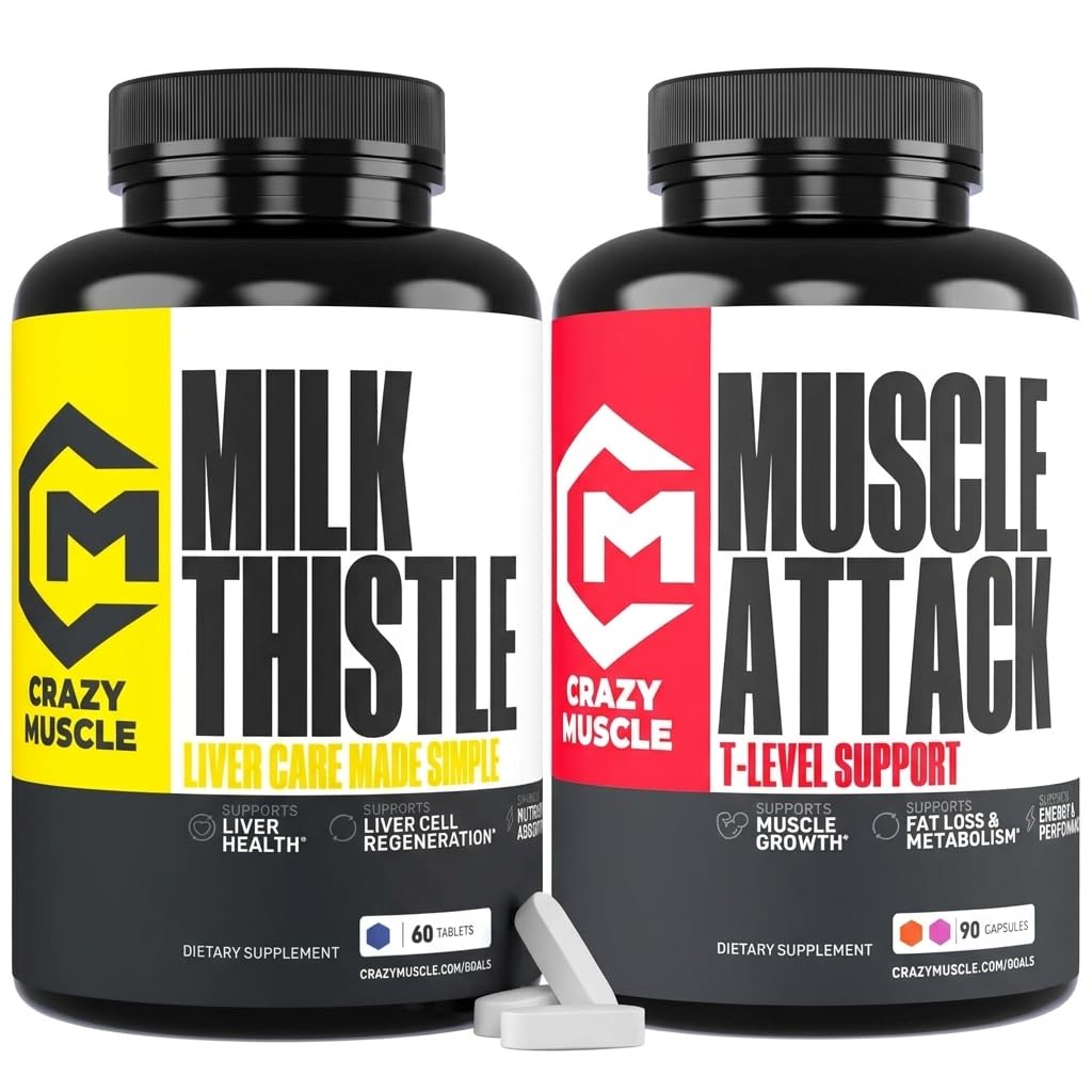 Crazy Muscle Milk Thistle Matrix (80% Extract, 175 mg) + Muscle Attack,Tongkat Ali, Saw Palmetto & Tribulus – Daily Wellness & Fitness Support Bundle, 60 Tablets + 90 Capsules