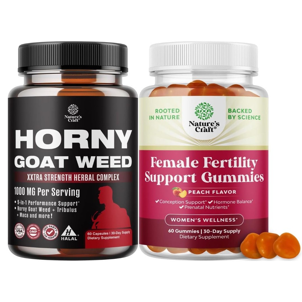 Bundle of Horny Goat Weed for Men with Black Maca Root, Tongkat Ali, Saw Palmetto & Panax Ginseng Extract and Fertility Gummies for Women Trying to Conceive - Myo-Inositol Folic Acid Vitex Chasteberry