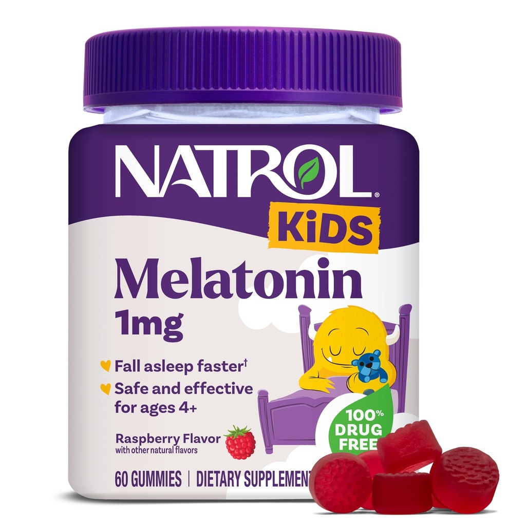 Natrol παιδιά μελατονίνη Gummies 1mg, παιδική μελατονίνη για ξεκούραστο ύπνο, 60 Raspberry-Flavored Gummies ύπνου, 60 ημέρες εφοδιασμού