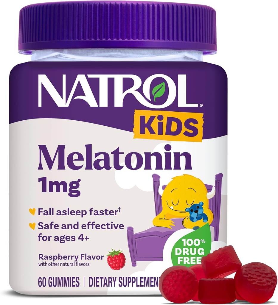 Natrol παιδιά μελατονίνη Gummies 1mg, παιδική μελατονίνη για ξεκούραστο ύπνο, 60 Raspberry-Flavored Gummies ύπνου, 60 ημέρες εφοδιασμού