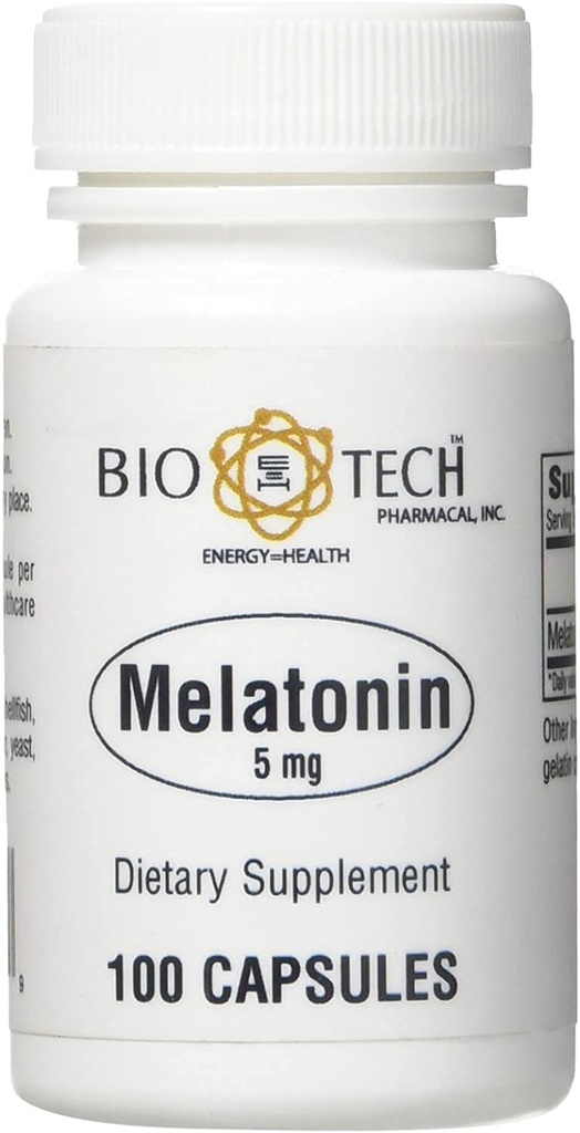 Bio-Tech Pharmacical Melatonin (5 mg), 100 Κάψουλες – All-Φυσικό συμπλήρωμα – Υποστηρίξτε τον Ύπνο, Καρδιαγγειακό, Ανοσοποιητικό, & Υγεία των Οστών – Όχι Γαλακτοκομικά, Ψάρια, Γλουτένη, Φυστίκι, Σέλινο, GMOS, & Σόγια – Όχι